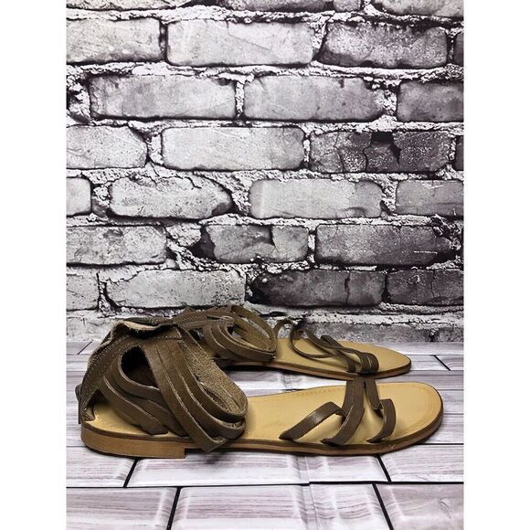 Sundance Olive Leather Open Strap Back Zip Flats Sandals Women Sz 41EU/10.5M US - Picture 4 of 16